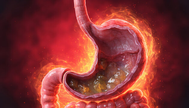 3D anatomy illustrations of heartburn, acid reflux, and inflammation in the digestive system.