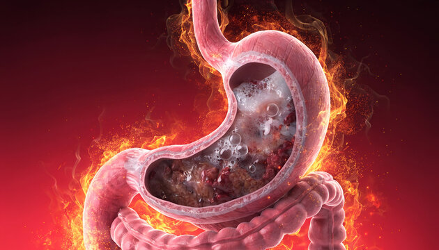 3D anatomy illustrations of heartburn, acid reflux, and inflammation in the digestive system.
