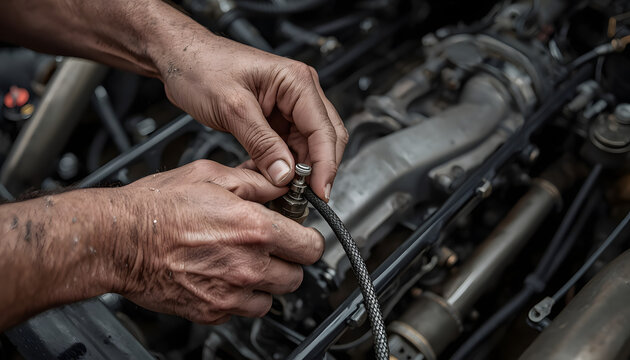 Mechanic Hands Adjusting Spark Plug in Car Engine