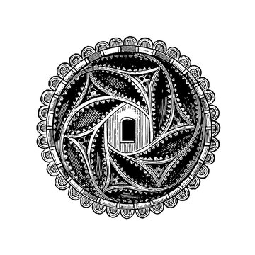 15th-century Gothic keyhole escutcheon with symmetrical geometric patterns and central arch motif, old vintage illustration, 1897.