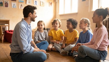 Fototapeta premium Teacher engaging with diverse young students sitting in a circle during a classroom lesson.