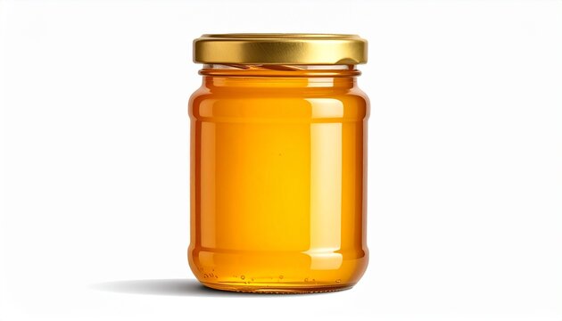 Glass jar of golden honey with metallic lid on white