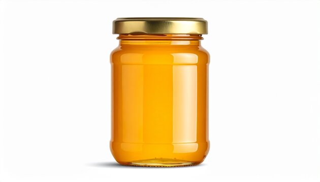 Glass jar of golden honey with metallic lid on white
