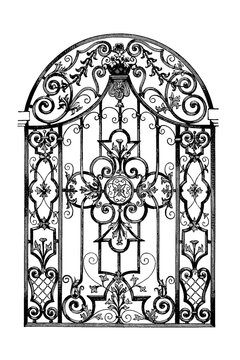 18th-century wrought iron window grille with swirling floral motifs, old vintage illustration, 1897.