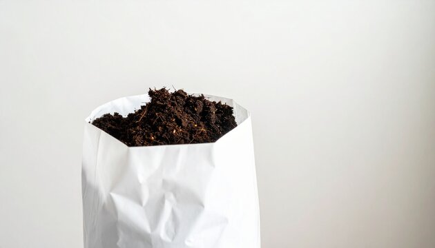 White paper bag filled with dark soil on plain background