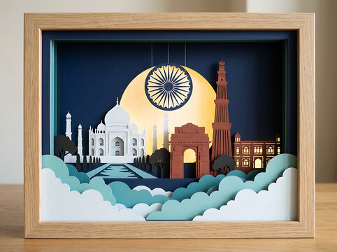 Premium 3D layered papercut shadow box featuring Indian monuments silhouette under a golden sun