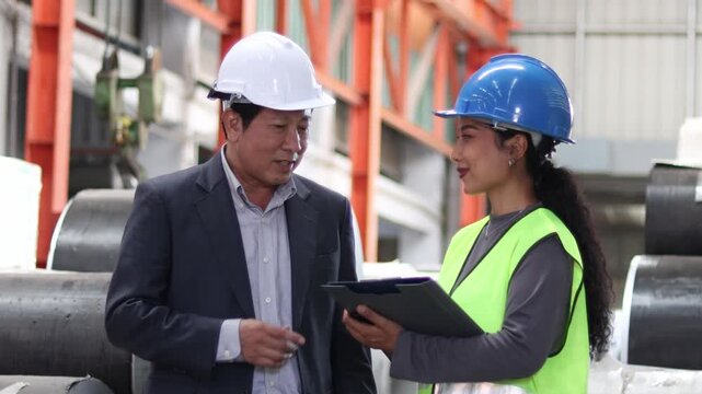 Asian woman worker with helmet and safety vest hold clipboard, discuss with her boss during an inspection of large metal tubes at industrial site. Staff with supervisor check factory area together.