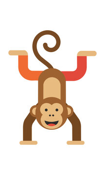Playful monkey performing a handstand in a minimalist flat design style with bold colors isolated on a white background, animal character concept