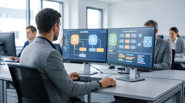 Developer Working on AI Platform in Modern Office, Managing Support Workflow and Data