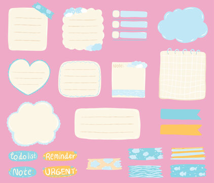 various sticky notes and decorative tape in pastel colors on a pink background. The notes are in different shapes and sizes, including squares, a heart, and clouds.