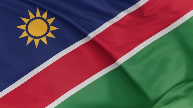 Namibia flag with golden sun and diagonal band, symbolizing unity, peace, strength, heritage.
