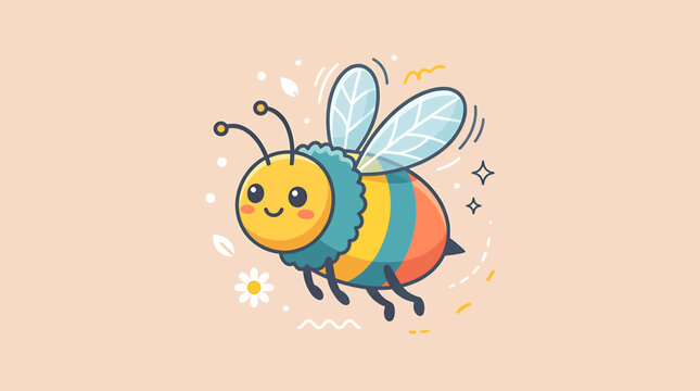 Colorful cartoon bee with smile flying.