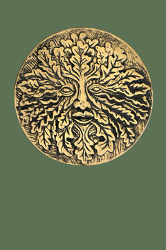 Green Man symbol nature tree spirit gold plaque sculpture on green background. Legendary nature figure symbol of rebirth in medieval folklore. Not copyrighted. 