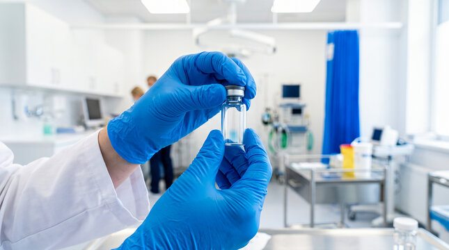 Medical worker hands wearing blue sterile gloves holding empty glass medicine vial inside bright modern hospital room preparing for important clinical vaccination