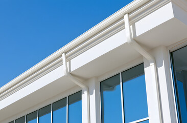 Naklejka premium White rain gutters on contemporary commercial edifice. Sleek architectural feature contrasting with azure sky. Glazed surface with expansive glass panes mirrors the heavens.