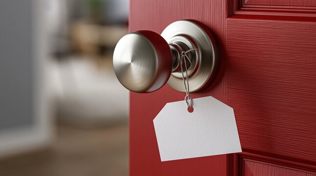 Red door with metal knob and hanging tag, home entrance