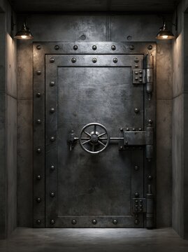 Medieval iron strongbox door with wheel lock, dark industrial vault