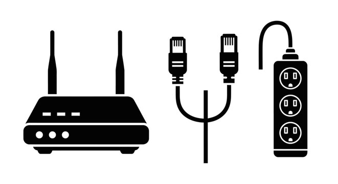 Black silhouette of a modern wireless router with two antennas, a simple icon for home or office networks.