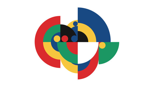 Abstract geometric art piece composed of colorful semi-circular segments and circles in primary colors.