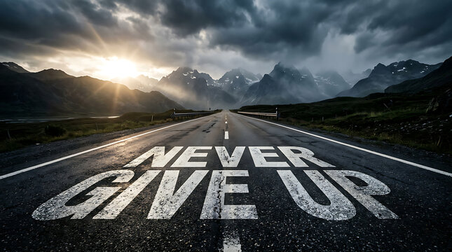Empty asphalt road leading to mountains under dramatic cloudy sky with Never Give Up text