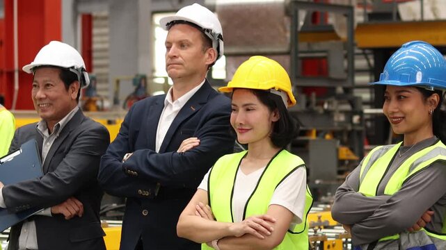 Asian woman worker in engineer group line up at manufacturing factory. Diverse professional corporate engineering worker team stepping forward together, arms crossed with confidence in industrial site