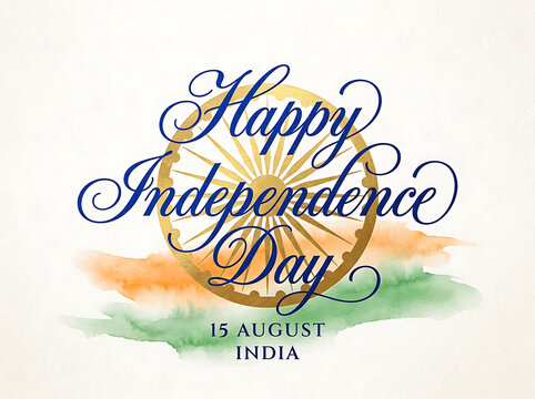 Elegant calligraphy lettering of Happy Independence Day with Ashoka Chakra and watercolor brush strokes