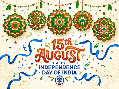 Festive Indian Independence Day background decorated with traditional hanging ornaments and ribbons