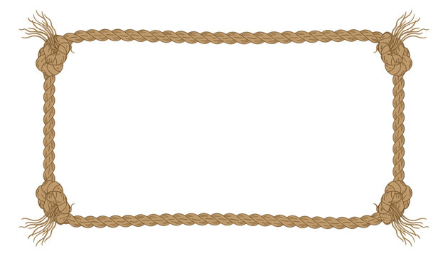 Rectangular frame made of thick brown twisted rope with decorative knots in each corner on a white background.