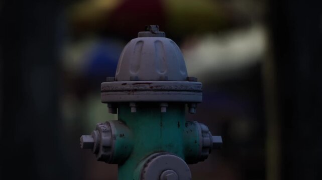 A fire hydrant stands in a park during dusk. The scene shows a blurred background of trees and structures. The light is dim, creating a soft atmosphere around the hydrant.