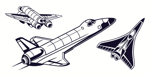 Futuristic fighter jet, space shuttle, and spacecraft on white background, aerospace technology © AG