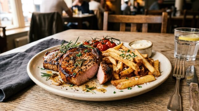 A server presents a large plate of grilled steak with roasted potatoes and a side of creamy sauce. The steak is cooked to a rich brown color and garnished with fresh rosemary and cherry tomatoes.