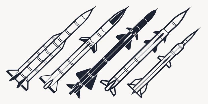Black and white set of 50 missile silhouettes, military