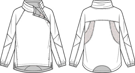 Technical Flat Sketch of Asymmetrical High Neck Pullover Jacket with Raglan Sleeves Front and Back Views © Nahar999