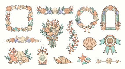 Collection of decorative elements with seashells, starfish, coral and seaweed in pastel colors. © geira
