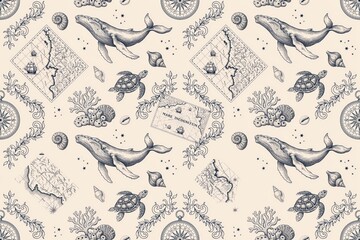 Obraz premium Seamless pattern featuring hand-drawn whales, sea turtles, vintage navigation maps, compasses, and seashells on a light beige background