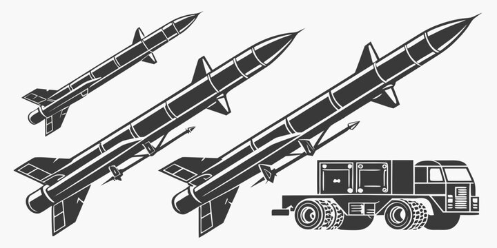 Set of 50 military missile silhouettes in black on white background, missiles projectiles