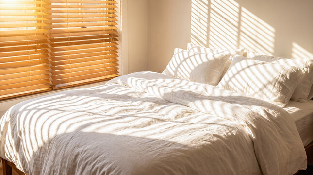 Empty comfortable bed covered with clean white soft linen inside cozy peaceful room featuring beautiful warm morning sunlight shining through window blinds