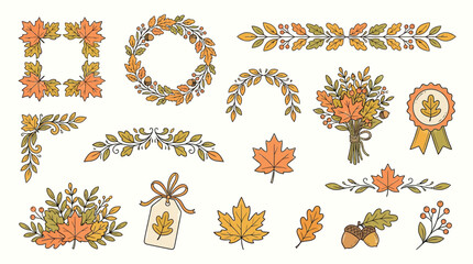 Autumnal Decorative Elements Collection with Leaves, Berries, and Acorns. © geira