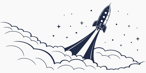 Black silhouette of rocket ascending into starry sky on white background, space © AG