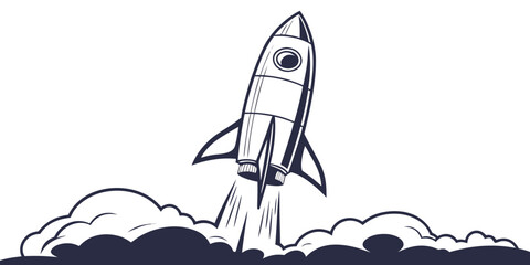 Futuristic rocket ship silhouette against white background, spaceship space © AG