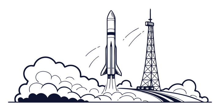 White background, satellite rocket launch, silhouettes against cloudy sky