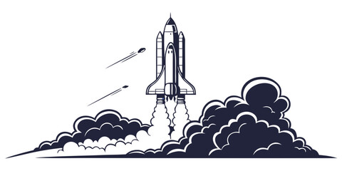White background, of a space, rocket launch silhouette, against a starry, sky stars space rocket © AG