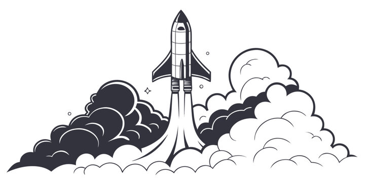 Space rocket launch silhouette against white background, space shuttle takeoff