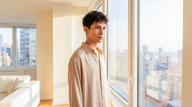 Thoughtful young handsome man wearing unbuttoned beige shirt standing near large bright apartment window looking outside enjoying peaceful morning sunlight indoors