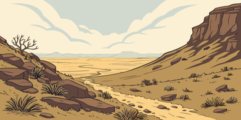 Panoramic view of a dry valley with rugged rock formations and sparse vegetation sandstone cliffs desert landscape © AG