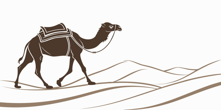 Silhouette of a camel with a saddle walking in the desert, black and white travel