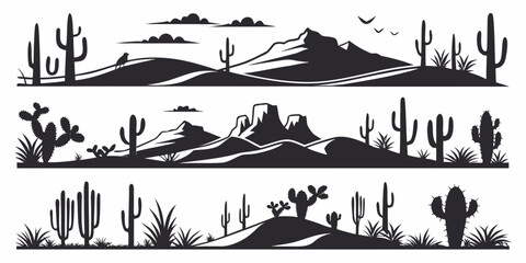 Set of 60 minimalist desert landscape silhouettes on white background, cacti mountains © AG