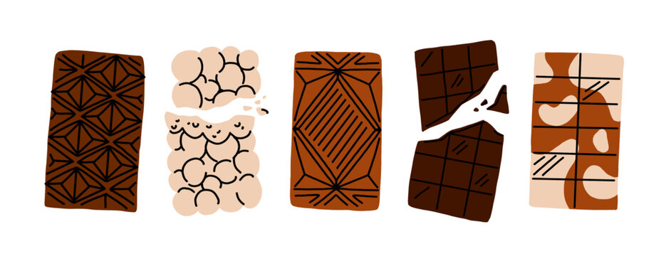 Flat design chocolate bar collection, dark geometric triangle pattern, white porous, diamond pattern, broken bar, cow print vector illustration