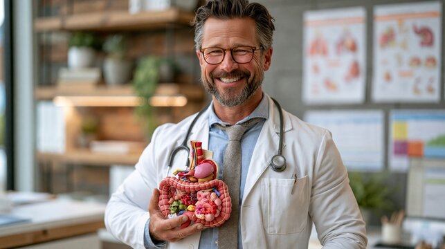 A male gastroenterologist in white coat holding a 3D anatomical model of the digestive system, standing in a modern clinic office with medical charts on the wall