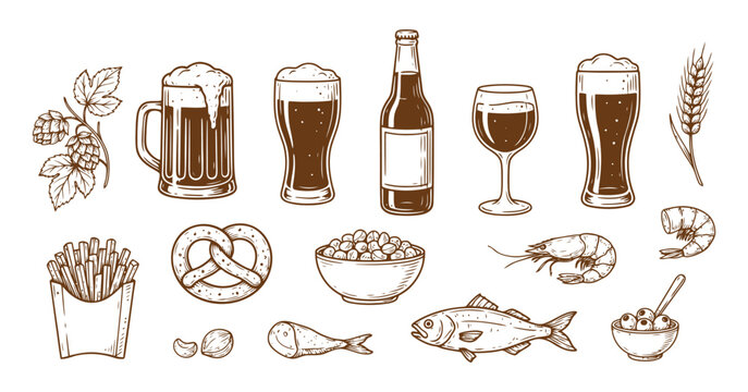 Sketch Of Beer Snacks And Seafood With Hops And Wheat Vector Illustration